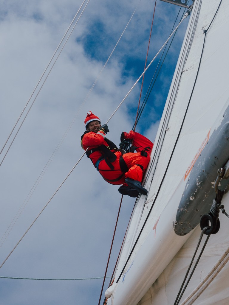 Santa aboard, Santa on boat, sea santa, sailboat santa